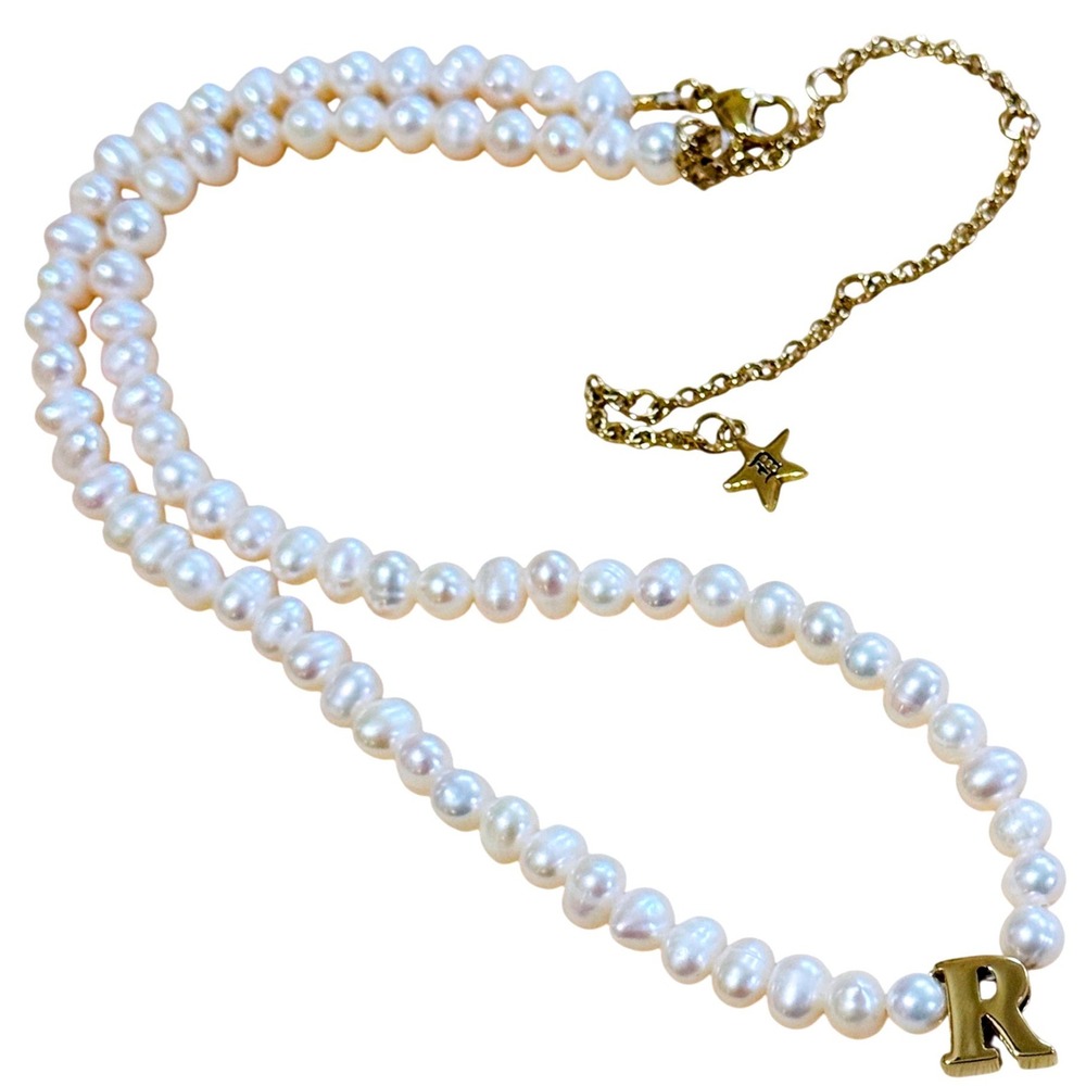 Dalmata Initial letter "R" Pearl Necklace gold plated‎ Freshwater beaded collar